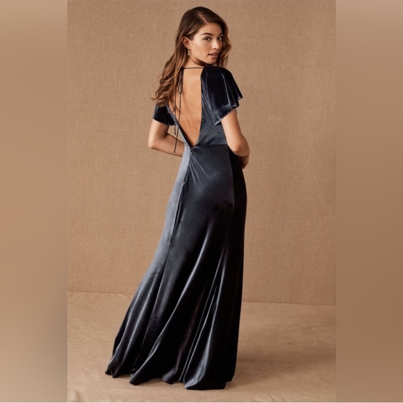 NWT Jenny Yoo Ellis Flutter Sleeve Open Back Stretch Velvet Gown Blue BHLDN - Picture 3 of 8